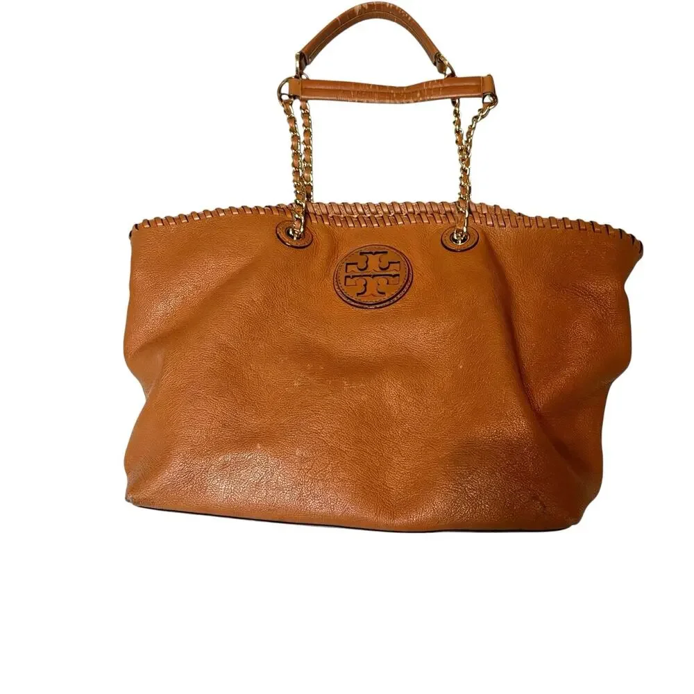 Tory Burch Brown Pebbled Leather Chain Strap Tote Bag Whipstitch Logo Purse